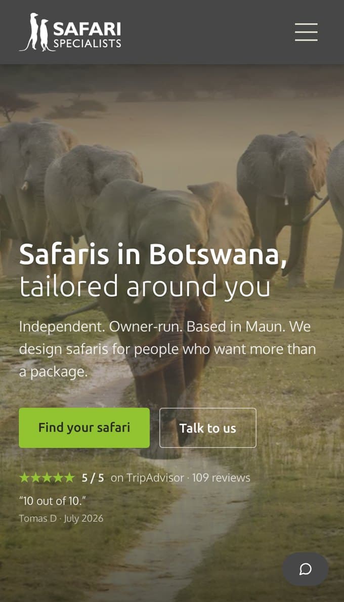 Safari Specialists — Website-Redesign für einen Safari-Anbieter in Botswana